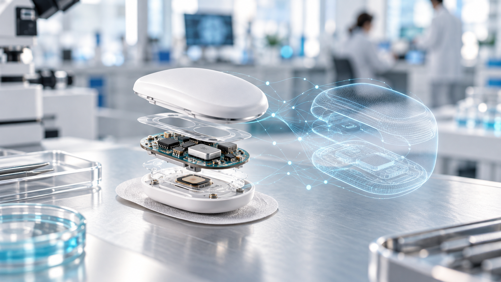 Disassembled wireless mouse showing internal circuit board components with holographic technology visualization in modern laboratory setting