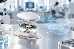Disassembled wireless mouse showing internal circuit board components with holographic technology visualization in modern laboratory setting
