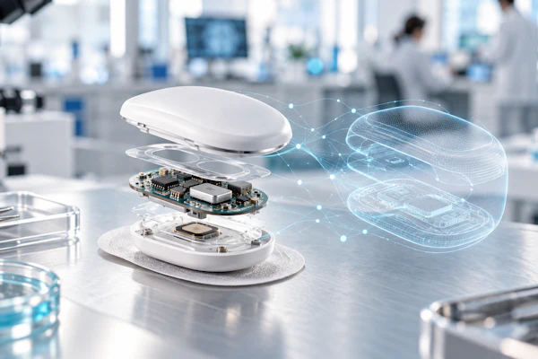 Disassembled wireless mouse showing internal circuit board components with holographic technology visualization in modern laboratory setting