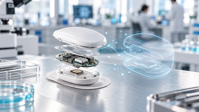Disassembled wireless mouse showing internal circuit board components with holographic technology visualization in modern laboratory setting