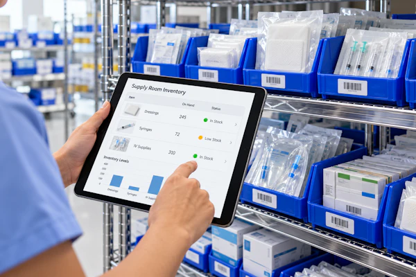 Worker holding tablet displaying supply room inventory dashboard with charts in front of blue storage bins