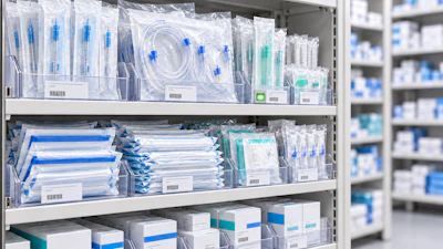 Pharmacy shelf displaying sterile medical supplies and syringes in clear packaging organized on metal shelving