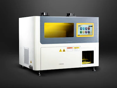 White and gray laboratory or medical device with yellow display window and control panel