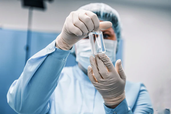 Laboratory technician in sterile protective gear holding a clear glass vial for sample analysis