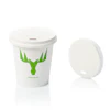 White disposable coffee cup with green antler logo and matching white lid displayed on white background