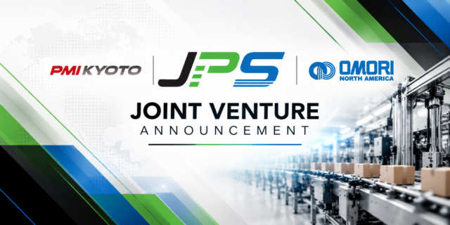 Joint venture announcement graphic featuring PMI Kyoto, JPS, and Omori North America logos with industrial warehouse background