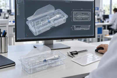 Engineer examining transparent product prototype at desk with CAD software displaying 3D model and technical drawings on monitor