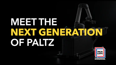 Next generation Paltz robotic arm packaging equipment displayed with Pack Expo International branding