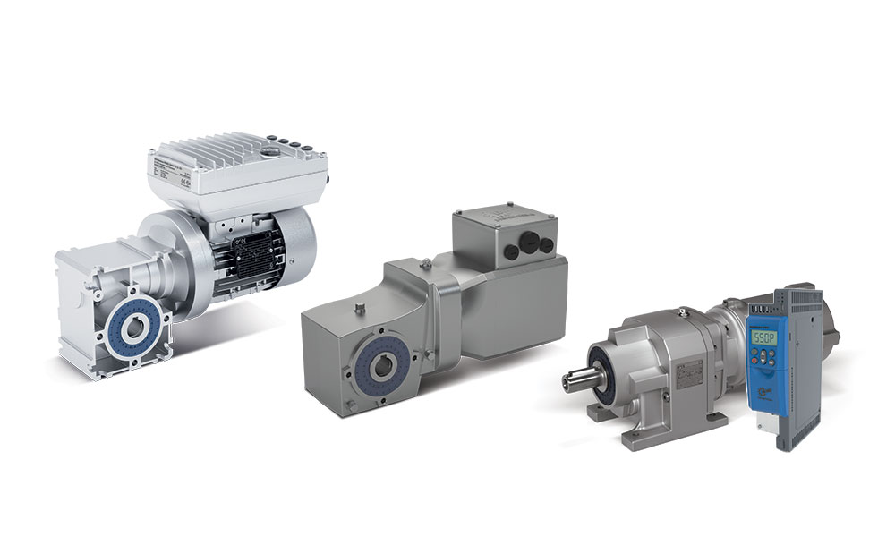 Three industrial gear motors and drive systems with varying sizes and control interfaces displayed in product lineup