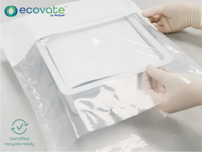Hands opening Ecovate certified recyclable white packaging material by Nolipak