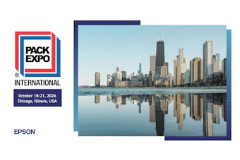 Pack Expo International logo with October 18-21, 2026 Chicago event details and city skyline reflection