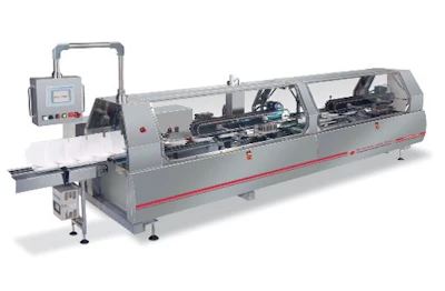 Industrial edge banding machine with gray body, red accents, control panel, and dual processing stations for woodworking applications