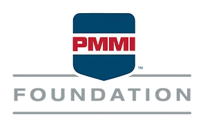 PMMI Foundation logo featuring a teal shield with red text and gray horizontal lines