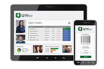 QT9 ERP software dashboard displaying open orders, inventory management, and financial analytics across tablet and mobile devices