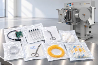 Sterile medical supplies and surgical instruments including tubing, scissors, circuit board, and packaging displayed with laboratory equipment in background