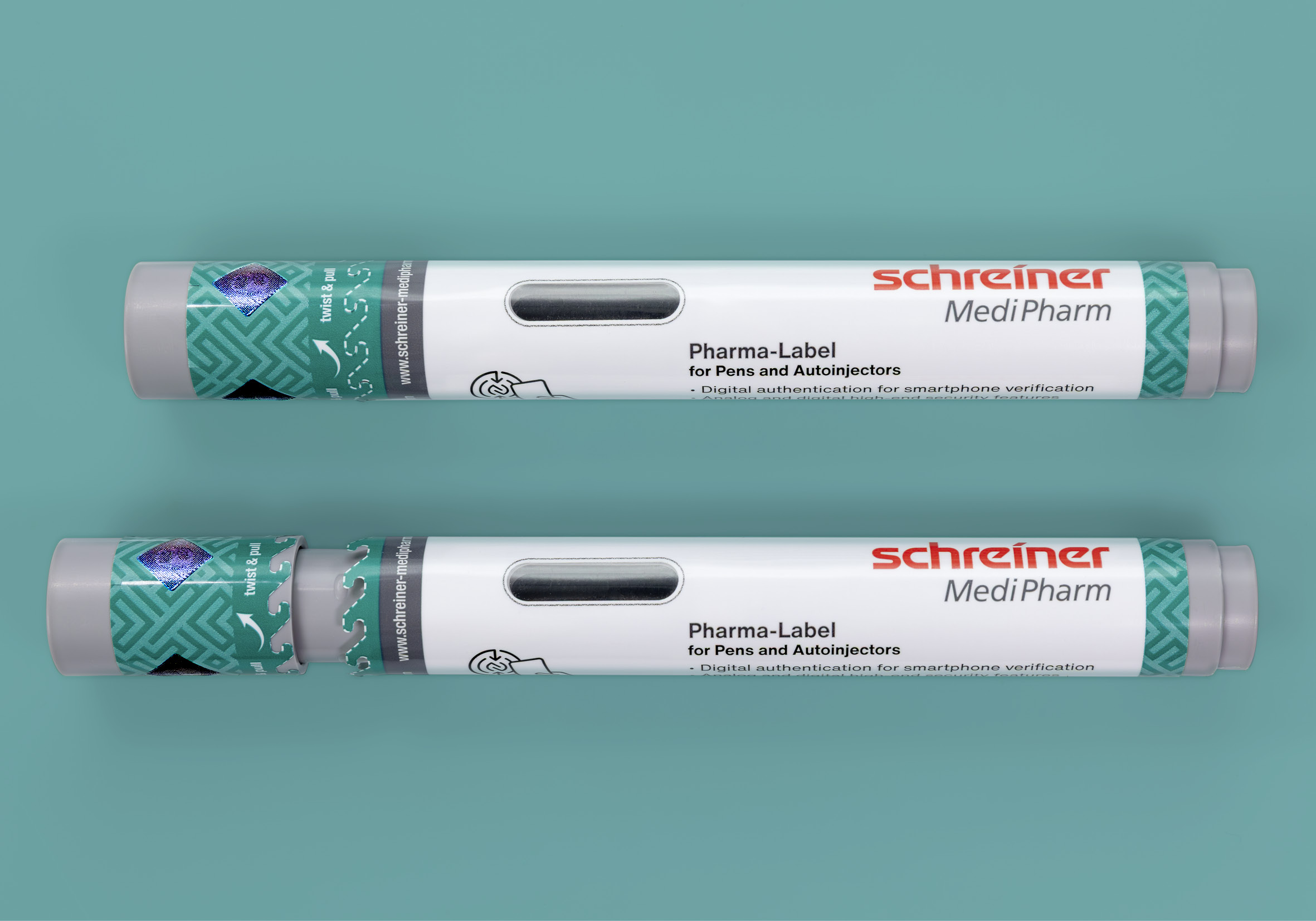 Two Schreiner MediPharm Pharma-Label tubes for pens and autoinjectors with green patterned sleeves on turquoise background